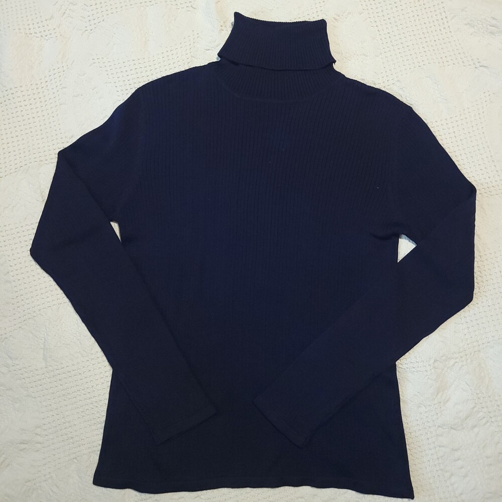Vintage 90s y2k august silk vtg small Navy Blue Ribbed Turtleneck cottagecore